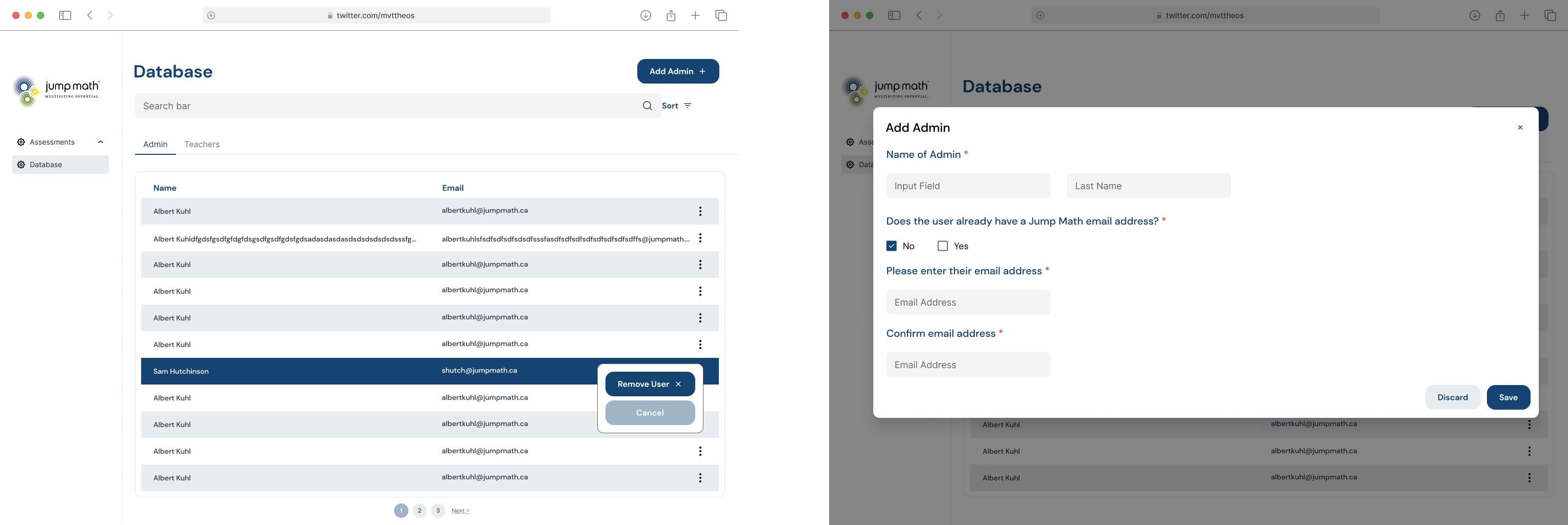 An admin database interface with a modal for adding an admin