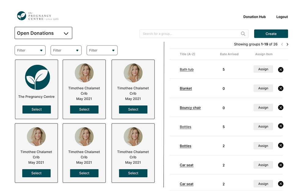 A donation hub admin dashboard for open donations and item assignment